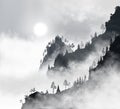 Beautiful mountain forest at early morning. Sun shines through the realistic fog clouds. Black and whte vector