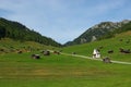 Beautiful mountain huts with small church in high Royalty Free Stock Photo