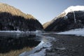 Beautiful mountain lake of artouste in sunrise dawn reflecting mountains, pyrenees, france Royalty Free Stock Photo