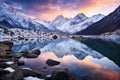 Beautiful mountain lake in Himalayas at sunset, Nepal, Mountain lake with perfect reflection at sunrise. Beautiful landscape with Royalty Free Stock Photo