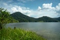 Beautiful mountain lake landscape, cloudy blue sky and green grass field. Man relaxing alone at lake in front of the mountain, Mal Royalty Free Stock Photo