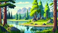 Beautiful mountain lake scenery with clear still water, mountain ridge, dense forest, meadow shores and tall pine trees in the Royalty Free Stock Photo