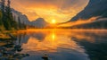 A beautiful mountain lake with a sunset in the background, AI Royalty Free Stock Photo