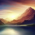 Beautiful mountain and lake at sunset, generative ai