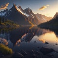 Beautiful mountain and lake at sunset, generative ai