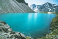 Beautiful mountain lake with turquoise clear water in the Altai Republic Siberia Russia. Pure blue water in a deep lake surrounded