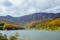 Beautiful mountain lake in the valley of the hills, in autumn, among thousands of colorful trees