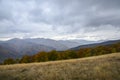 View on high mountains covered with colorfull trees, autumn season, beautiful nature of Carpathians, Ukraine