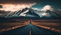 Beautiful mountain landscape with asphalt road and dramatic cloudy sky at sunset Royalty Free Stock Photo