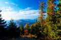 Beautiful mountain landscape, autumn meadows and trees. Royalty Free Stock Photo