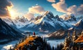 Beautiful! Mountain landscape. Beautiful snow-capped mountains, the sun behind the clouds, flying eagles Royalty Free Stock Photo