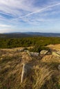 Beautiful mountain landscape with blue cloudy sky, yellow straw and bushes at sunny day Royalty Free Stock Photo