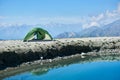 Beautiful mountain landscape with camp tent. Royalty Free Stock Photo