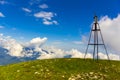 Beautiful mountain landscape at Caucasus mountains with a geodetic sign