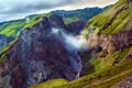 Beautiful mountain landscape of Caucasus. View of glacier named Seven. Landscape with snow peaks,