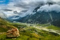 Beautiful mountain landscape of Caucasus. View of glacier named Seven. Landscape with snow peaks,