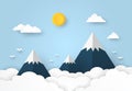 Beautiful mountain landscape with clouds and sun on blue background, paper art style