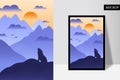 Beautiful mountain landscape in the fog with sunset. Vector illustration with mountains  clouds and wolf. Royalty Free Stock Photo