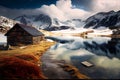 Beautiful mountain landscape, in the foreground a lake and a small wooden house. AI generated Royalty Free Stock Photo