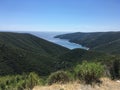 Beautiful mountain landscape in Greece with sea on background