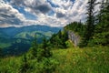 Beautiful mountain landscape with hills, green meadows and spruce trees. Royalty Free Stock Photo