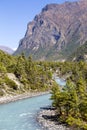 Beautiful mountain landscape in Himalayas, Annapurna region, Nepal. Big mountain, blue river and fresh air. Eco travel Royalty Free Stock Photo