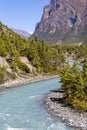 Beautiful mountain landscape in Himalayas, Annapurna region, Nepal. Sunny day of Nepal summer. Big mountain, blue river and fresh Royalty Free Stock Photo