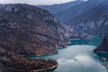 Beautiful mountain landscape, lake with blue water in the gorge in spring. Canyon Piva Pluzhine, travel to Montenegro Royalty Free Stock Photo