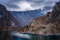 Beautiful mountain landscape, lake with blue water in the gorge in spring. Canyon Piva Pluzhine, travel to Montenegro Royalty Free Stock Photo