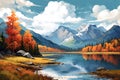 Beautiful mountain landscape with lake, forest and mountains. Digital painting, Digital painting capturing an autumn landscape Royalty Free Stock Photo