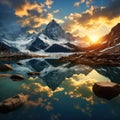Beautiful mountain landscape with lake and reflection in water at sunset Royalty Free Stock Photo