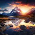 Beautiful mountain landscape with lake and reflection in water at sunset Royalty Free Stock Photo