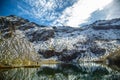 Beautiful mountain landscape with mountains, lake and one man. Amazing scene with snowy rocks and lake Royalty Free Stock Photo