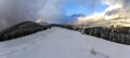 Beautiful mountain landscape panorama. Winter Carpathian snow covered mountains panoramic view. Royalty Free Stock Photo