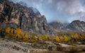 Beautiful mountain landscape of the picturesque Dolomites mountain peaks at Passo Gardena area in Italy