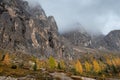 Beautiful mountain landscape of the picturesque Dolomites mountain peaks at Passo Gardena area in Italy