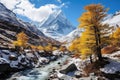 Beautiful mountain landscape with river and autumn trees in Himalayas, Nepal, Colorful in autumn forest and snow mountain at