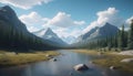 Beautiful mountain landscape with a river and blue sky. 3d rendering. Generative AI Royalty Free Stock Photo