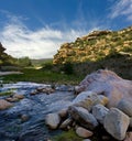 Mountain landscape blue sky and river with rocks Royalty Free Stock Photo