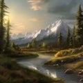 Beautiful mountain landscape with a river in the foreground - digital painting Royalty Free Stock Photo