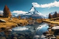 Beautiful mountain landscape with a river and a mountain peak in the background, Matterhorn, Switzerland, AI Generated Royalty Free Stock Photo