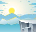 Beautiful mountain landscape with setting sun in the evening, sundown over peak scenic nature vector illustration, tranquil calm