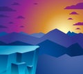 Beautiful mountain landscape with setting sun in the evening, sundown over peak scenic nature vector illustration, tranquil calm