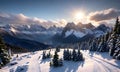 Beautiful! Mountain landscape. Beautiful snow-capped mountains, the sun behind the clouds, flying eagles Royalty Free Stock Photo