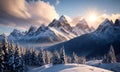 Beautiful! Mountain landscape. Beautiful snow-capped mountains, the sun behind the clouds, flying eagles Royalty Free Stock Photo