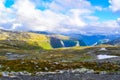 The beautiful mountain landscape. Snow road Aurlandsvegen. Norway