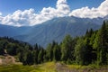 Beautiful mountain landscape on a Sunny summer day. Coniferous trees, blue sky with white clouds Royalty Free Stock Photo