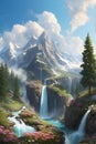 Beautiful mountain landscape with waterfalls and forest trees.