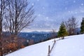 Beautiful mountain landscape. Winter landscape with falling snow. Location Carpathian, Ukraine Royalty Free Stock Photo