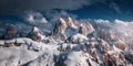 Beautiful mountain peaks in snow in winter at sunset